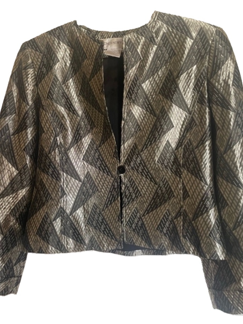 VTG Jones New York Dressy Jacket Black/Gold Geometric Silky Metallic Sheen 6